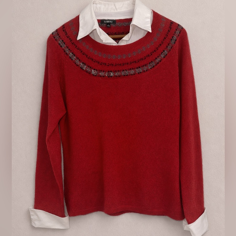 Elementz Red Sweater Faux Layered White Collar Fair Isle Knit Size Large